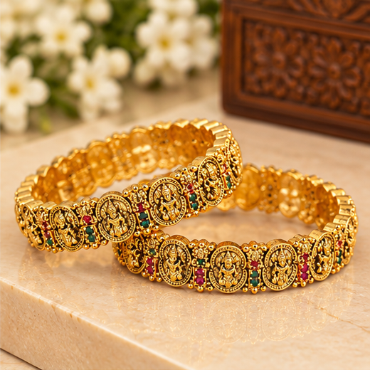 Matte Finish Ruby & Coin Lakshmi Premium Bangle - Set of 2 - Image 2