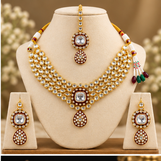Gold-toned With maroon finish Kundan Stone heavy Choker - Image 2
