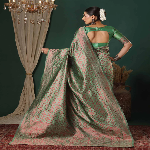 Dusty Green Silk Woven Banarasi Saree - Image 4