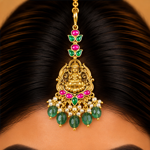 Jadau Kundan Finishing With Lord Lakshmi Design Maang Tikka - Image 4