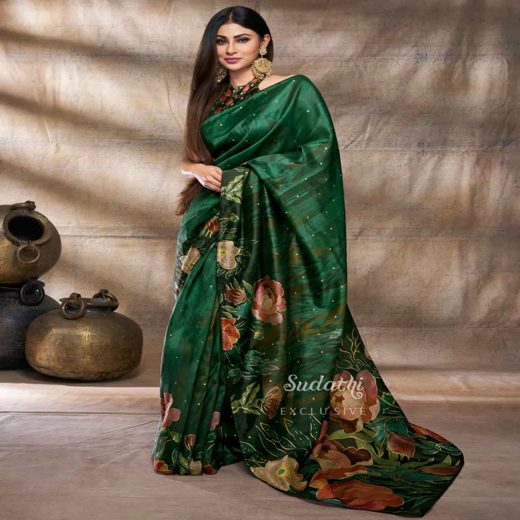 Mouni Roy Green Floral Blossom Ready To Wear Foil Saree