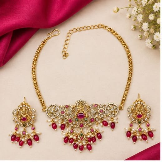 Matte finishing white stones with Lord Ganesh design Red Beads (choker) Necklace