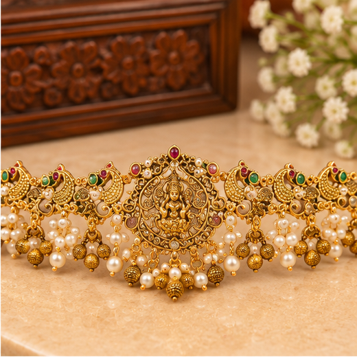 Matte Finishing Peacock Design With Golden Balls Chain Vaddanam - Image 2