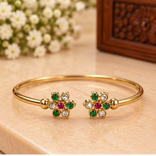 Adjustable Panchaloha Kada Floral Design With White And Green Stones - Image 2
