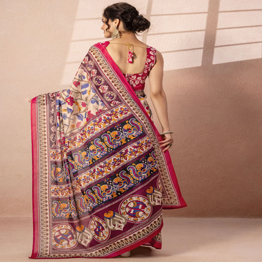 Beige Cotton Printed Kalamkari Saree - Image 4