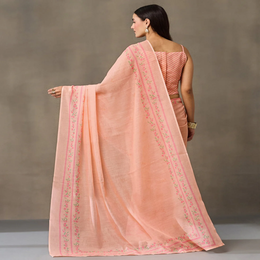 Peach Linen Printed Saree - Image 4