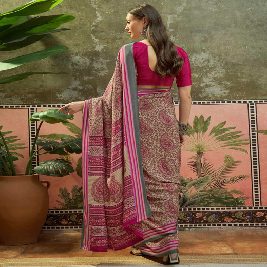 Beige Crepe Silk Printed Saree - Image 4