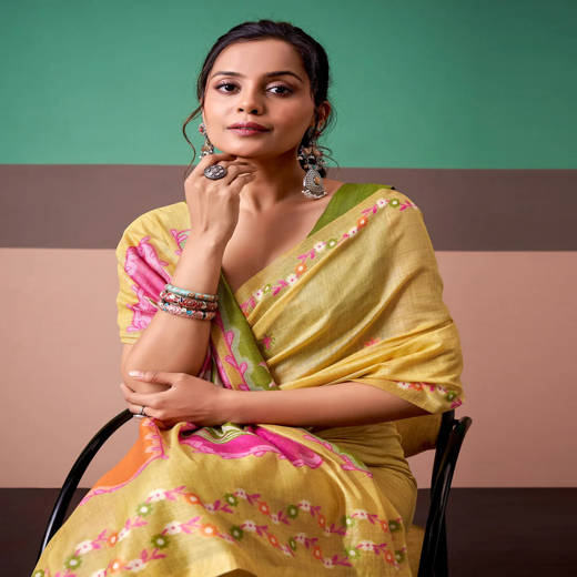 Light Yellow Silk Printed Saree - Image 4