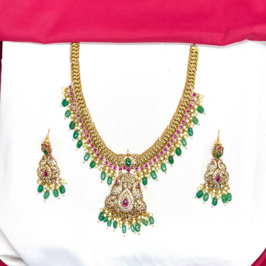 Matte finishing peacock design with Green beads Mango Short Necklace - Image 2