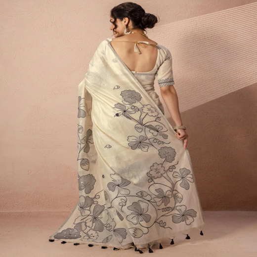 Beige Chanderi Cotton Woven Saree - Image 4