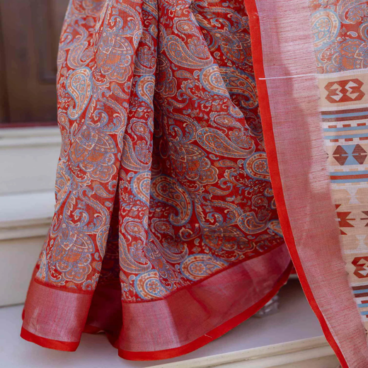 Ready To Wear Red Linen Woven Border Printed Saree - Image 3