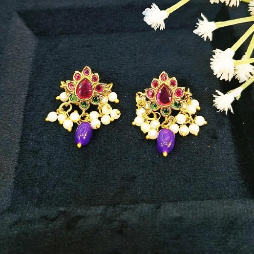 kempu lotus design with Purple Bead Earrings - Image 3