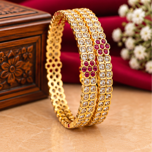 Pure Panchaloham With Red Stones Flower Design With American Diamond Bangles - Image 3