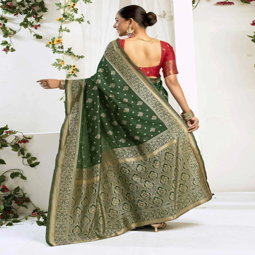 Green Silk Woven Banarasi Saree - Image 4