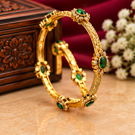 Victorian Finishing Green Stone Flower Designed Bangle - Image 3