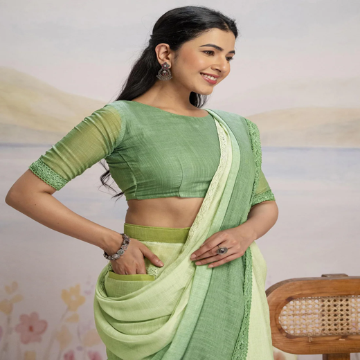 Ready To Wear Dark Pista Green Linen Ombre Lace Saree With Pocket - Image 2