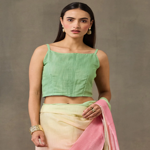 Mint Green Linen Printed Saree - Image 2