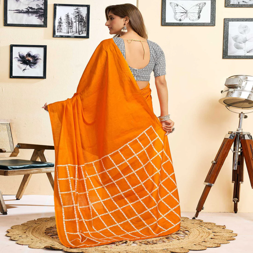 Ready To Wear Orange Cotton Printed Saree - Image 4