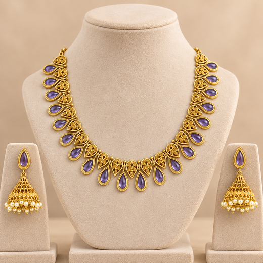 Matte finishing Purple Leaf Designed Short Necklace