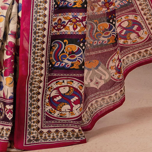 Beige Cotton Printed Kalamkari Saree - Image 3