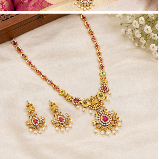Matte finishing lord Lakshmi with pink stones and peacock finish Long haram - Image 3