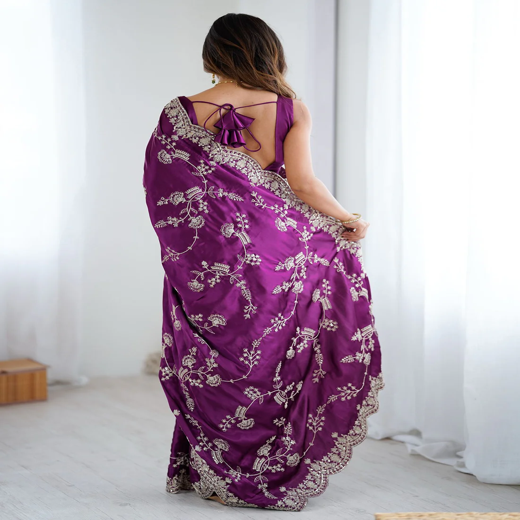Dark Purple Satin Sequence Embroidery  Saree - Image 4