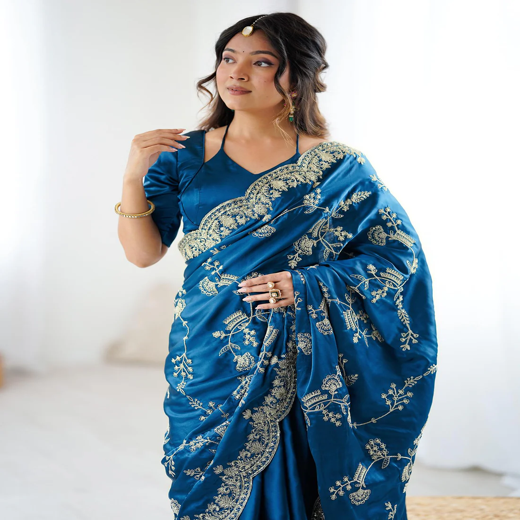 Teal Blue Satin Sequence Embroidery  Saree - Image 2