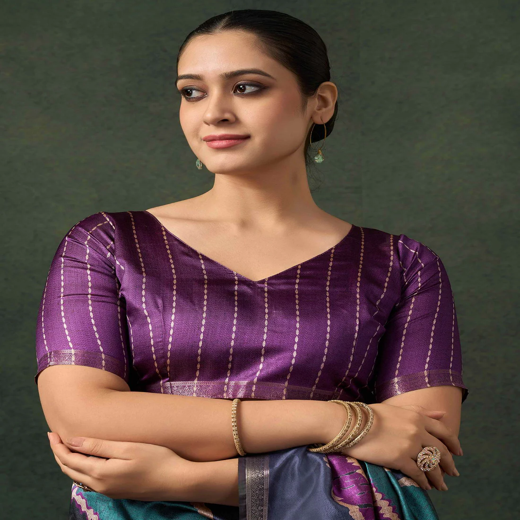 Dusty Purple Silk Printed Saree - Image 3