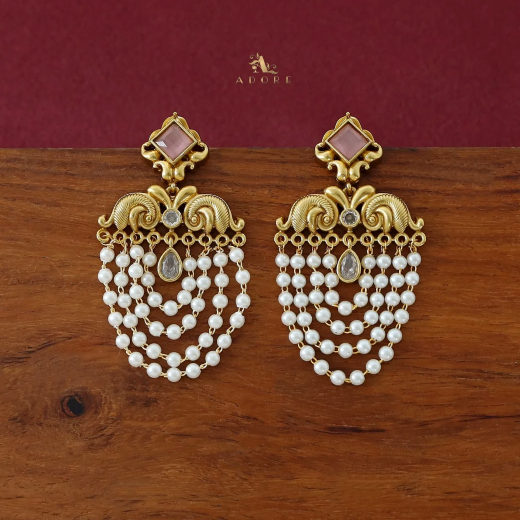 Matte Finish Pearl Drop Earrings with Baby Pink Stone | Artificial Jewellery