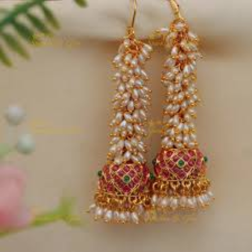 Matte Finish Multi-Stone Pearl Jhumka Earrings | Artificial Jewellery - Image 4