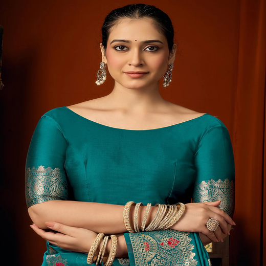 Peacock Blue Silk Woven Banarasi Saree - Image 2
