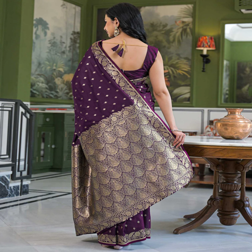 Dark Purple Silk Woven Banarasi Saree - Image 4
