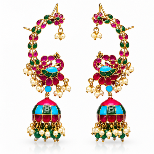 Meenakari Ear Cuff And Enamel Finishing Jhumka Earrings