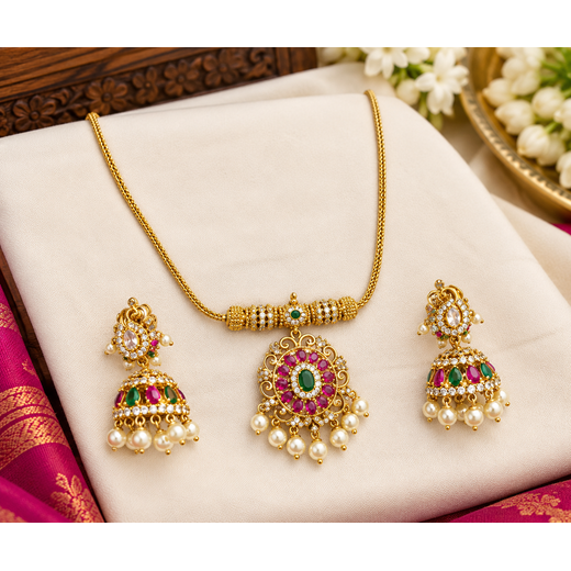Matte finishing American Diamond Pink stones short Necklace - Image 3