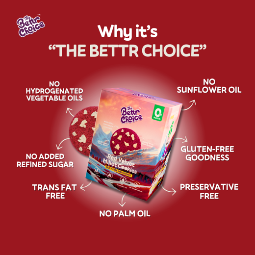 The Bettr Choice Red Velvet Millet Cookies: 100% Whole Grain Blend (Ragi & Oats), Natural Butter, Beetroot Powder, Organic Jaggery, Ginkgo Biloba, No Added Refined Sugar - Healthy Snack - 2 Pack - Image 3