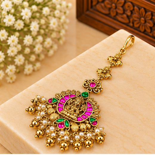 Jadau Kundan Finishing With Pink & Green Stones Lord Lakshmi Maang Tikka - Image 2