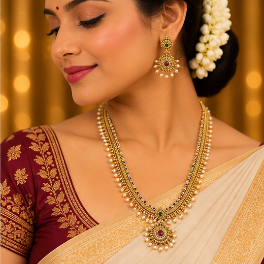 matte finishing multi-color stones with pearls long haram Necklace - Image 4