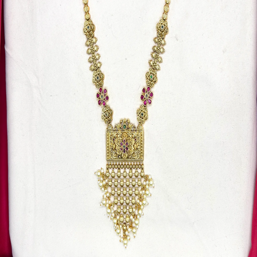 Premium Nakshi finishing floral design with with Beautifully finish white pearls Short Necklace - Image 3