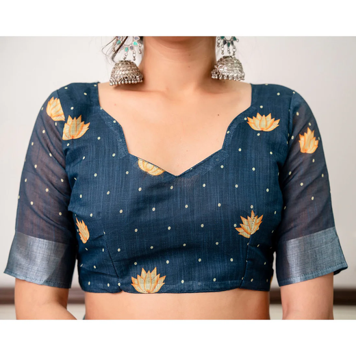 Sky Blue Linen Printed Saree - Image 2
