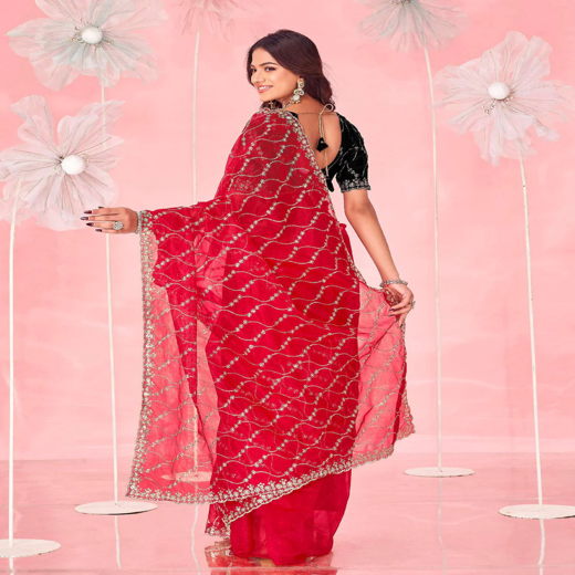 Red Valentine's Sequence Embroidery Saree - Image 4