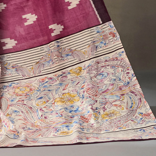 Dark Mauve Cotton Printed Kalamkari Saree - Image 3
