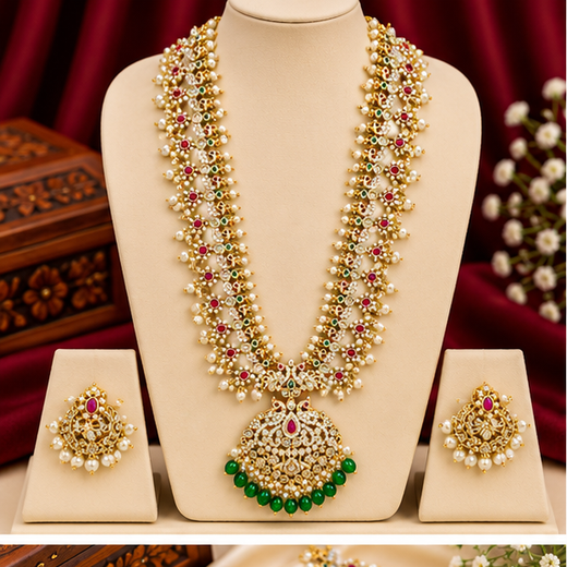 Matte finishing Peacock designed with white pearls Long Necklace
