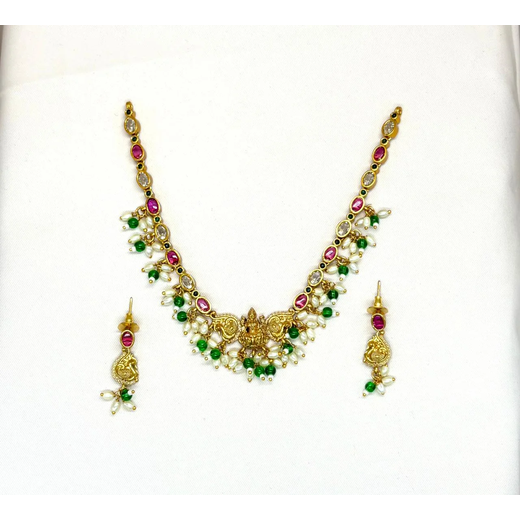 Matte finishing with Green Stones Lord Lakshmi Short Necklace