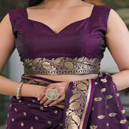 Dark Purple Silk Woven Banarasi Saree - Image 2