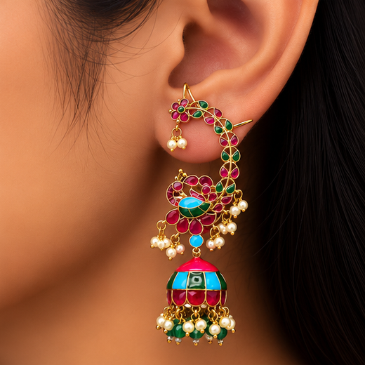 Meenakari Ear Cuff And Enamel Finishing Jhumka Earrings - Image 4