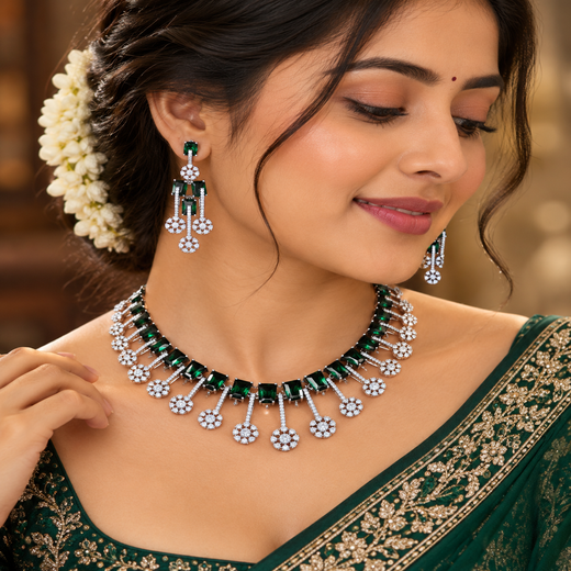 Silver Short Necklace with Green Stones | Artificial Jewellery - Image 4