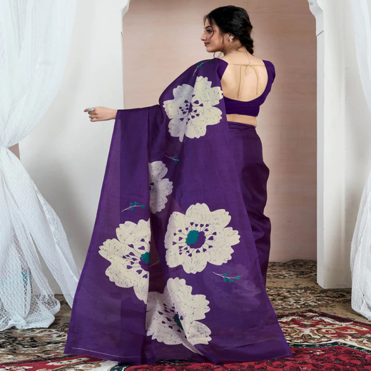 Purple Bhagalpuri Silk Printed Saree - Image 4