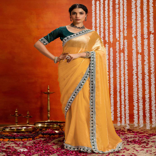 Yellow Crush Tissue Sequence Lace Saree