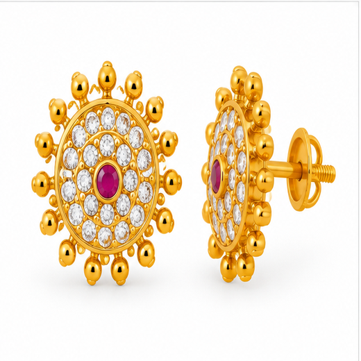 Matte Finish Kempu Stone Sun Design Earrings | Artificial Jewellery - Image 3