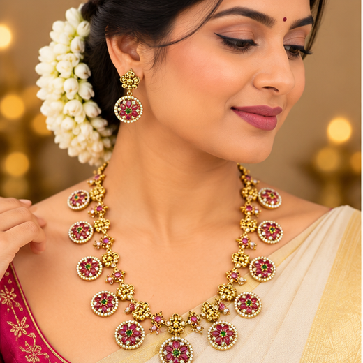 Matte finishing flower design with lord Lakshmi long (haram)Necklace - Image 2